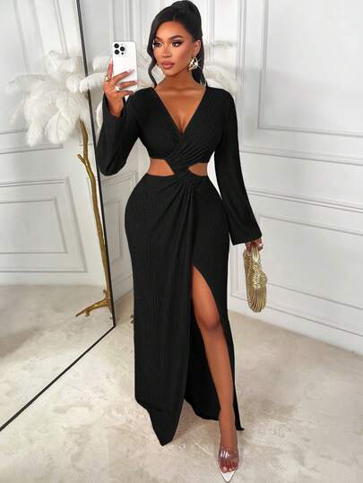 AIJ Amarilo Women's Elegant Solid Color High Stretch V-Neck Asymmetric Hem High Slit Robe, Suitable For Daily Commute And Shopping, Autumn Black Spring