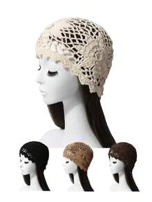1pc Women's Spring/Summer Handmade Crochet Mesh Floral Hollow Out Vintage Elegant Breathable Thin Knit Cap, Handmade Knit Headband Beanie, Fashionable - 針織帽 - 查看 1