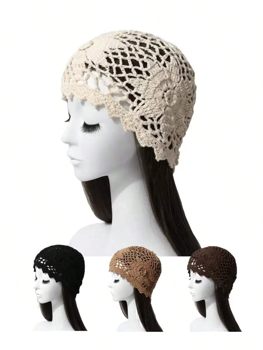 1pc Women's Spring/Summer Handmade Crochet Mesh Floral Hollow Out Vintage Elegant Breathable Thin Knit Cap, Handmade Knit Headband Beanie, Fashionable - 針織帽 - 查看 1