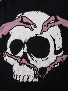 ANDREILEE 秋冬新款男士休闲宽松街头风复古美式骷髅暗黑风针织圆领毛衣 - 黑色 - 查看 6