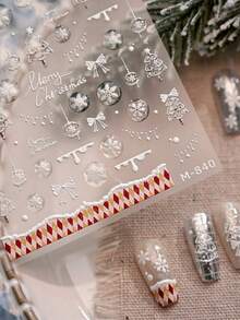 1片卡通圣诞美甲贴纸 可爱雪花蝴蝶结 自粘美甲贴纸 DIY美甲配件 - 白色 - 查看 5