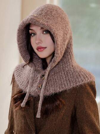 1 st. enfärgad balaklava för kvinnor, varm, vindtät, tjock stickad mössa, söt, avslappnad, elegant, vintage, gatustil, mode, mångsidig mössa för höst/vinter, lämplig för utomhusbruk, shopping, skidåkning, cykling, resor, fest, daglig användning