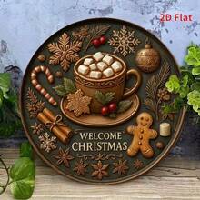 2D Flat, 1pc Vintage Christmas Hot Chocolate Wall Art - Round Iron Sign With Festive Decorations, "Welcome Christmas" Text, Perfect For Home, Kitchen, Garden, Or Office Decor, Holiday Decoration, Christmas Decorations For Home Home Decor Room Decor