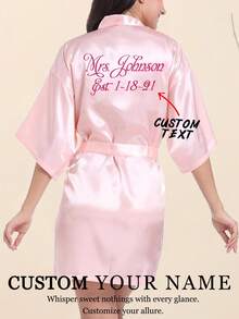 Set personalizat de pijamale și halat pentru femei, lenjerie sexy roz, disponibil în mai multe culori, se pot personaliza numele mirilor și mirelui, data nunții și text personalizat, halat de mireasă din satin și lenjerie de casă confortabilă, cadou special pentru mireasă, domnișoare de onoare, iubită - Roz - Vizualizare 1