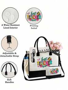 1 Set bestehend aus: Lehrer Muster Handtasche (mit Schultergurt & Kosmetiktasche), Strandtasche (mit Schal), Leopard & Regenbogen Blume Muster einfache Reise Organizer Tasche, Reise Kosmetiktasche - ideal für Outdoor-Make-up! - Verschiedenfarbig - Übersicht 6