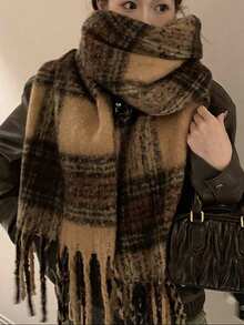 1pc Premium Merinowool Plaid Scarf For Women, Autumn/Winter, Vintage Chic, Thick & Warm For Dress - Coffee Brown - View 1