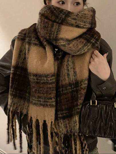 1pc Premium Merinowool Plaid Scarf For Women, Autumn/Winter, Vintage Chic, Thick & Warm For Dress