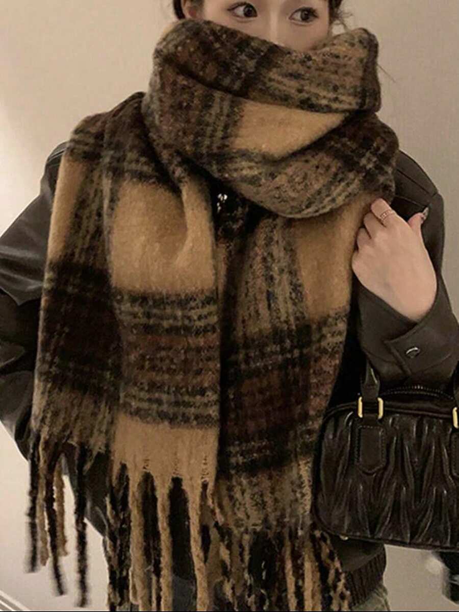 1pc Premium Merinowool Plaid Scarf For Women, Autumn/Winter, Vintage Chic, Thick & Warm For Dress - Coffee Brown - View 1