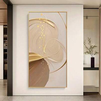 1pc Elegant Golden Line Abstract Canvas Art, Frameless Wall Art With Golden Embellishments, Canvas Print In Warm Beige Tones, Modern Minimalist Home Decor For Living Room & Bedroom, Neutral & Luxurious Beige And Golden Palette, Contemporary Style