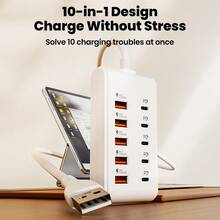 5 USB + 5 Type-C 10-Port Power Strip With 1M Charger Cable Adapterhome,Office Charging Station