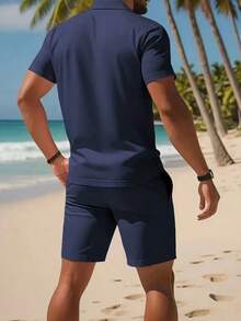 Men's Polo Shirt And Shorts Set Breathable Casual Summer Beach - Navy Blue - View 2