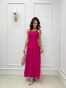 Long Dress Simple Elegant Casual Button Split Side Slit Women Wedding - 玫紅色 - 查看 2