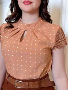 Women's Short Sleeve Lace Blouse Polka Dot V Neck - Rust Brown - View 5