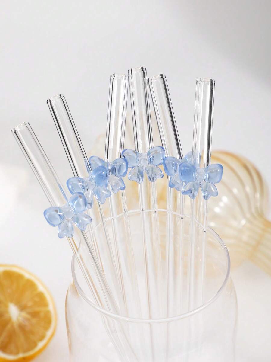 2/4/6/8pcs Cute Cartoon Blue Bow Glass Straws, Curved Reusable Glass Straws, Suitable For Milkshakes, Milk, Tea, Juice, Cocktails And Cold Drinks, Girlfriend Gift, Dessert Shop, Sparkling Water, Snack Shop, Office, Bar, Restaurant