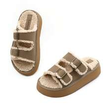 lunryet Women's Fluffy Faux Fur Slippers Comfy Open Toe Two Adjustable Band Slides With Fleece Lining And Rubber Sole Home Shoes PLUSH-1 - TAUPE - 查看 10
