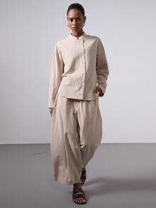 Women's Autumn Fashion Casual Versatile Commute/Business Casual/Minimalist Elegant Vintage Linen Blend Double-Breasted Shacket + Fashionable Casual Loose Wide-Leg Pants 2-Piece Set - Apricot - View 9