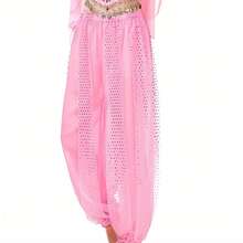 1 buc Femei Adult Dans Costum Sequin Pantaloni Lejeri Buric Dans Evidențiați Șifon Bloomers Scenă Performanță Dans Practică Pantaloni cu Lanț de Talie Eșarfă de Sold