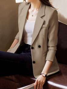 Women's Single Breasted Long Sleeve Blazer With Buttoned Cuffs - Khaki - View 5