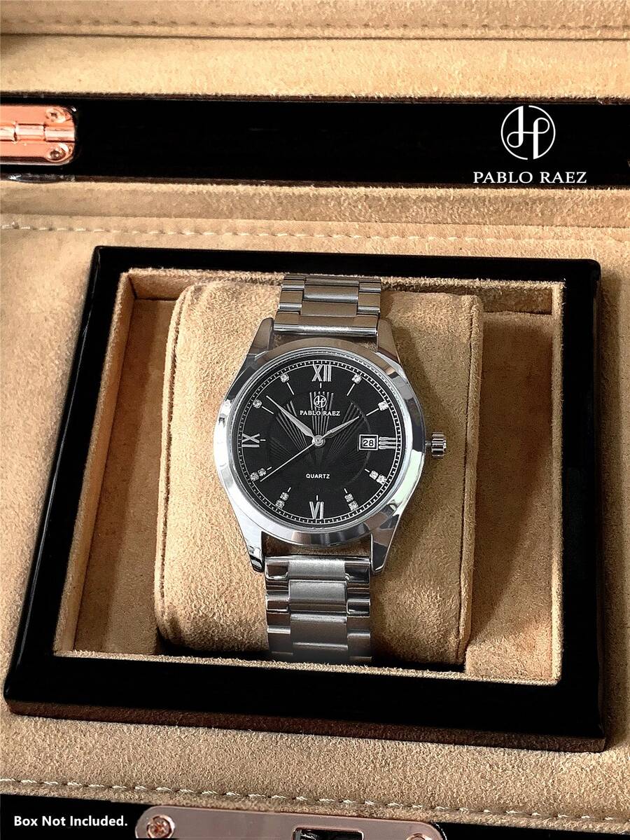 Pablo Raez 1pc Men's Watch SUS304 Stainless Steel Famous Brand New Luxury IPS Silver Plated Black Wristwatch For Man 50M Water Resistant Casual Calendar Clock Men's Fashion Quartz Watch Roman Numeral & Bar Scale Diamond High Level Black High Level Business Male Wristwatch For Daily Use Gift For Father Or Male Friend Fit For Working And Study Use