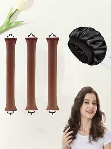 4 piezas Juego de rizador de cabello: 1 pieza Sombrero de ala ancha de satén + 3 piezas Varillas rizadoras de cabello sin calor. Gorro de dormir clásico de unicolor elástico y suave para mujer, gorro de ducha, turbante de imitación de seda para el cabello con banda elástica para proteger el cabello de daños, diadema de ala ancha de alta elasticidad, gorro de dormir para protección del cabello al aire libre, suave y transpirable para dormir, sin necesidad de calentamiento para rizar el cabello durante la noche, ondas sin calor, artículos esenciales de viaje, artículos esenciales de viaje, peinado, peluquería