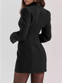 Women's Fashion Black Long Sleeve Short Jacket, Pointed Collar, Front Button Details And Practical Pockets, Button V-Neck Pocket Long Sleeve Mini Dress Blazer - Black - View 6