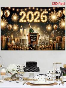 1pc New Year Theme Backdrop Banner, Black Gold Colorful Firework Balloon Shape Polyester Hanging Flag, Suitable For 2026 New Year Party Celebration Background Decor, Home Room Decoration, Happy New Year Party Wall Backdrop, New Year Gift, Garden Yard Decor Flag, Hanging Decor, Party Photo Prop, 2026 New Year Decoration, Party Favor - Golden Happy New Year - View 7