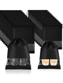 1 包无纺布防尘鞋袋，纯色抽绳封口旅行鞋袋，黑色简约设计 - 彩色 - 查看 1