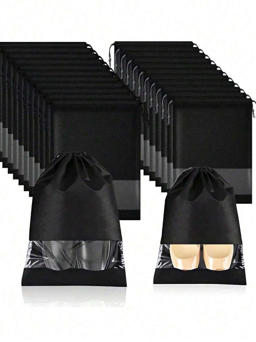 1 包无纺布防尘鞋袋，纯色抽绳封口旅行鞋袋，黑色简约设计 - 彩色 - 查看 1