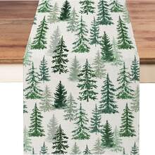 1pc Green Pine Tree Christmas Table Runner, Merry Christmas Kitchen Dining Table Decor, Seasonal Christmas Holiday Farmhouse Home Kitchen Dining Room Party Decoration - Green - View 3
