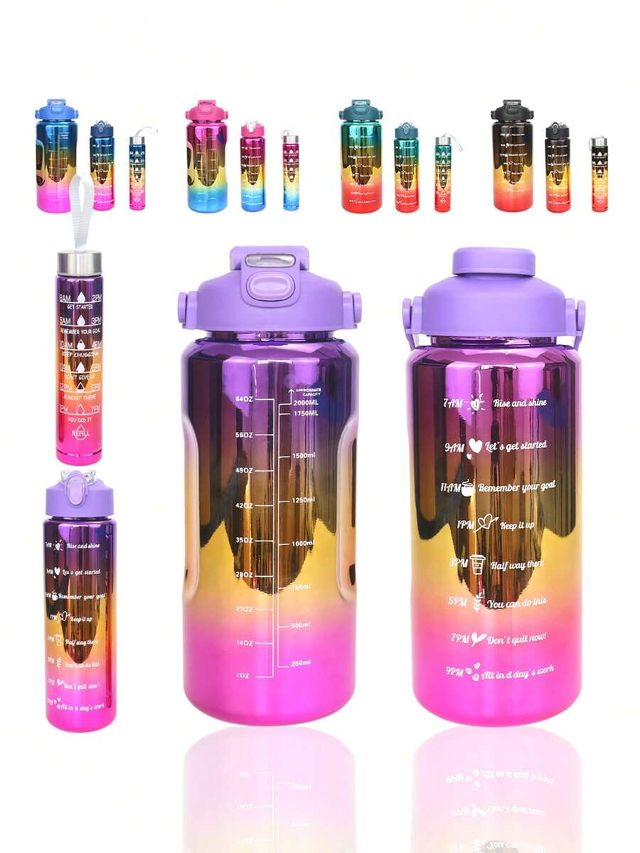 3pcs Of Leak Proof Electroplated Gradient Sports Water Bottles With Straws And Time Markers - Perfect For Offices, Schools, Gyms, And Workouts - Large64oz, 27oz, 15oz - Inspirational And Durable - Back To School Supplies - 紫色 - 查看 1