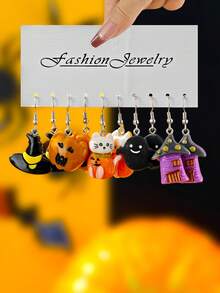 10/30/60pcs Halloween Cute & Funny Pumpkin Bat Zombie Ghost Black Cat Spider Witch Hat Resin Pendant Earrings Halloween Gift Set - Multicolor - View 5