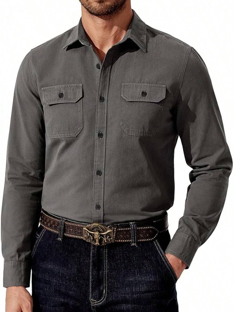 Mens Western Cowboy Shirt Long Sleeve Cotton Button Down Work Shirts With Pockets - Màu xám đen - Xem 1