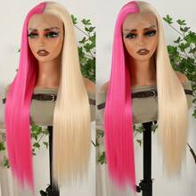 13X4 Pink & Brown Lace Front Wigs Pre Plucked Soft Free Part Long Straight Wigs Glueless Pink Skunk Stripe Wig Wear And Go Wig Heat Resistant Fiber Hair Synthetic Lace Front Wigs For Fashion Women For Daily Christmas Party Cosplay Use - Half Pink Half Blonde - 查看 4