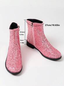 女士大码亮片装饰派对踝靴，圆头侧拉链设计粗跟切尔西靴，户外朋克风短筒女靴，秋冬款 - 粉色 - 查看 6