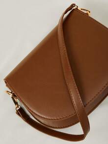 Letter Graphic Saddle Bag, Fashion Solid Color Crossbody Bag, Small Flap Purse For Women Winter Gifts - Coffee Brown - View 5