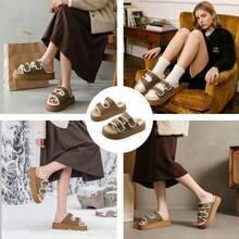 lunryet Women's Fluffy Faux Fur Slippers Comfy Open Toe Two Adjustable Band Slides With Fleece Lining And Rubber Sole Home Shoes PLUSH-1 - TAUPE - 查看 7