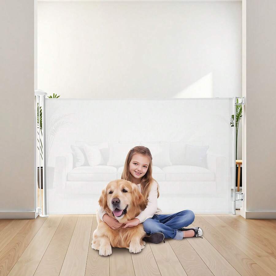 Retractable Baby Gate, Extends To 56.3 Inch Wide, 31.3 Inch Tall, With Security Lock, Easy To Use, Walk Through Without Tripping, Mesh Dog Gate For Stairs, Hallways, Indoor/Outdoor, White - Trắng 55 inch 33 inch - Xem 1