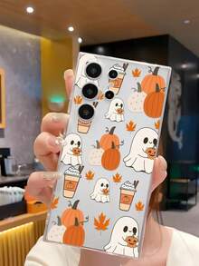 1pc Halloween Pumpkin & Maple Leaf Cake Ghost Transparent Soft Protective Phone Case, Anti-Fall Anti-Slip, Compatible With Galaxy A04e/A05s/A13/A14/A15/A34/A35/A50/A52/A53/A54/S21/S22/S23/S24/S25/S25Ultra, Great Gift For Family, Friends, Lover