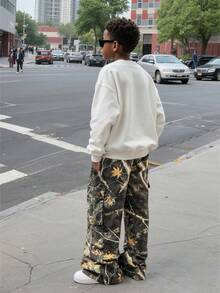 Tween Boy Letter Graphic Print Warm Crew Neck Sweatshirt And Woven Long Pants Set - White - View 3