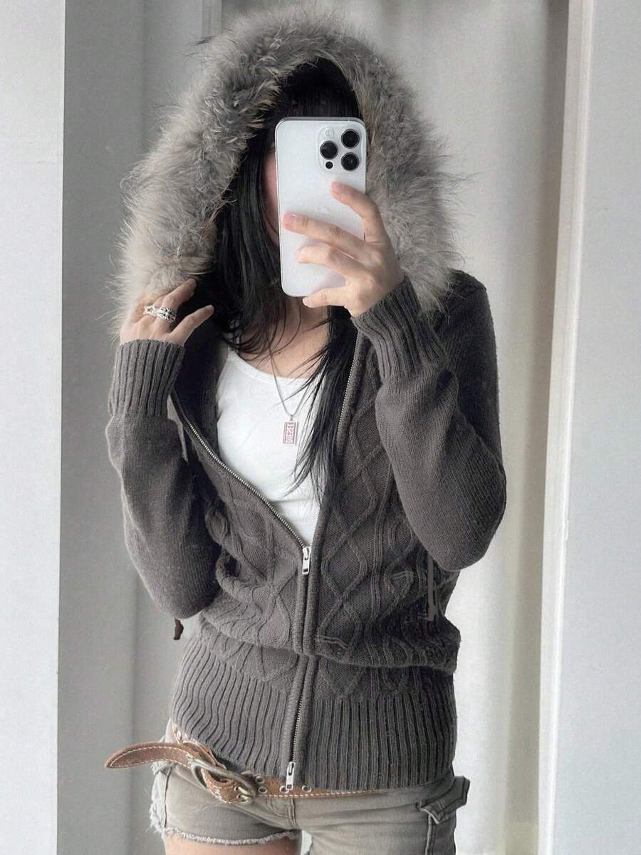 Y2K Streetwear Style Plush Hooded Knit Zip-Up Sweatshirt, Long Sleeve, Korean Fashion, Autumn Jacket For Women Winter