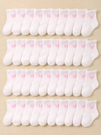 24 双婴儿女孩/儿童纯色蝴蝶结图案装饰蕾丝中筒袜，简约时尚百搭，亲肤柔软透气休闲运动袜，适合日常生活、节日、旅行、返校、校园、运动、新学期、学生