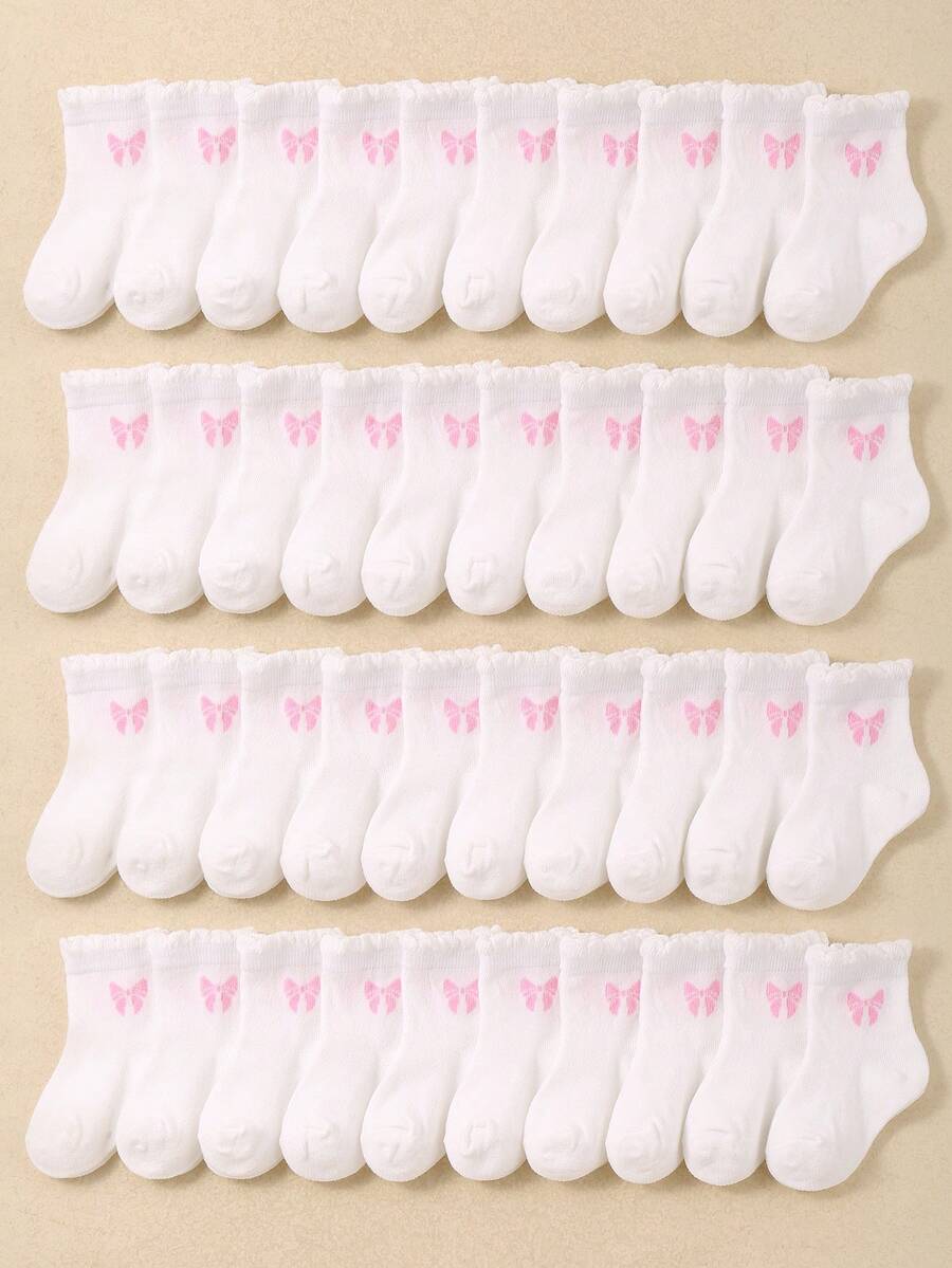 24 Pairs Baby Girls/Children Plain Bow Pattern Decoration Lace Mid-Calf Socks, Minimalist Fashion Versatile, Skin-Friendly Soft Breathable Casual Athletic Socks, Suitable For Daily Life, Holidays, Travel, Back To School, Campus, Sports, New Semester, Students - Multicolor - View 1