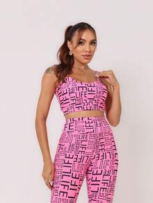 Conjunto Fitness LIFE Feminino Estampado com Top com Bojo + Legging de Alta Compressão - Pink/Preto - Visão 3