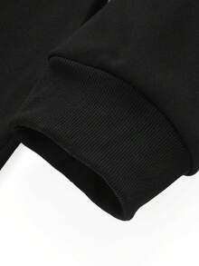 秋冬季连帽半开衫卫衣时尚字母印花毛绒保暖外套大口袋休闲运动服开衫衣服 - 黑色 - 查看 5