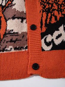 Men's Casual Loose Minimalist Halloween Themed Cartoon & Letter Print V-Neck Button-Up Long Sleeve Cardigan Sweater, Autumn/Winter