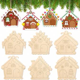 6Sets Wooden Christmas Ornaments Unfinished Wood Crafts For Painting DIY Paintable Christmas Cutouts Slices For Craft With Ropes