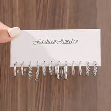 6件/24件/30件 时尚优雅复古精致仿珍珠心形几何编织宽金属C形耳环多件套装，节日、度假、派对、约会、日常佩戴礼品 - 銀色 - 查看 11