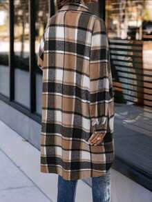 Women's Plaid Pocket Flannel Shirt, Button Front, Casual Everyday Wear - Brown - View 2