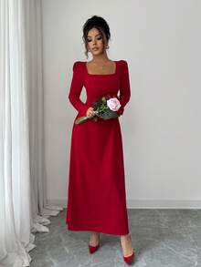Damen rotes langärmliges Maxikleid mit geraffter Taille, plissiert, quadratischem Ausschnitt, trägerlos, lässig, elegant, für den Alltag, Valentinstag, Party, Feiertage, Neujahr, Frühlingsfest - Rot - Übersicht 6