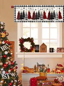 1 Stück Weihnachtsvorhang Gardine, Sonnenschutzvorhang mit Weihnachtsbaum & Schwarz-Weiß Gitter Design, bedruckte kurze Küchengardinen, Weihnachtshängedekoration, Weihnachtsdekoration für Zuhause, Fröhliche Weihnachten Dekoration, Weihnachtsschmuck, Badezimmerdekoration, Küchendekoration - Weihnachten E - Übersicht 7
